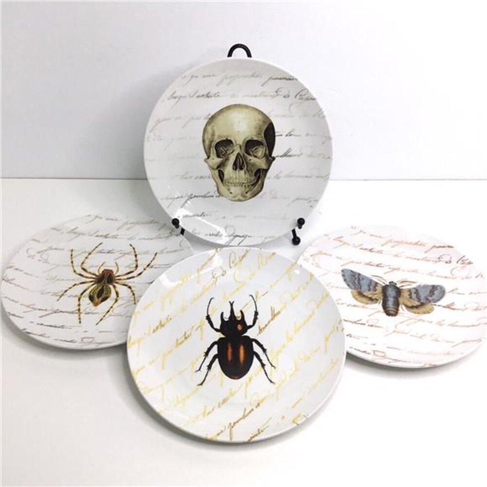 4 Harvest Green Side Plates Halloween Gothic Skeleton Beetle Spider Skull
